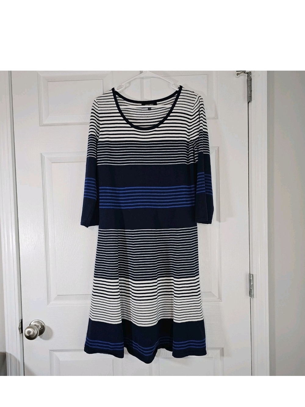 Nine West Navy White Knit Stretch Sweater Dress LS Womens L Nautical Preppy